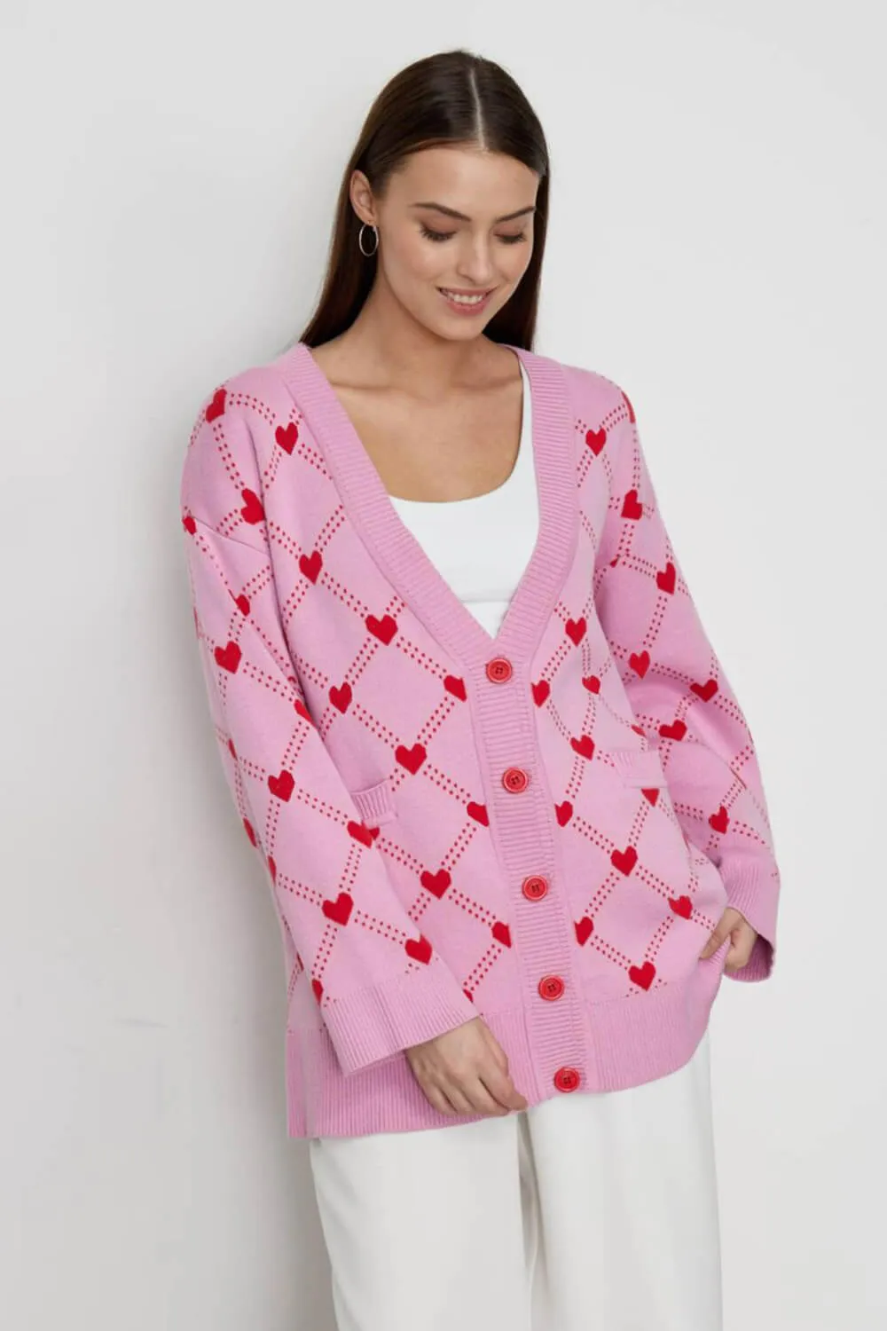 Heart Print Button Up Pouch-Pocket V Neck Knit Cardigan sold by Floralkini product image thumbnail 2