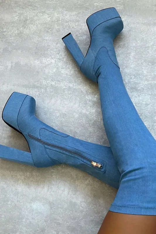 Blue Denim Platform Square Toe Block Heel Thigh High Boots sold by Floralkini