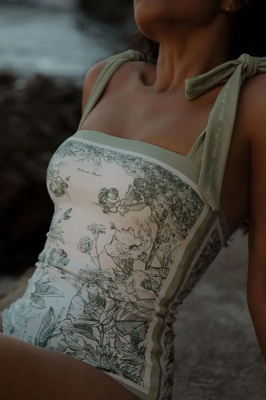 Spring Green Floral Print Reversible Tie-Shoulder One Piece Swimsuit sold by Floralkini
