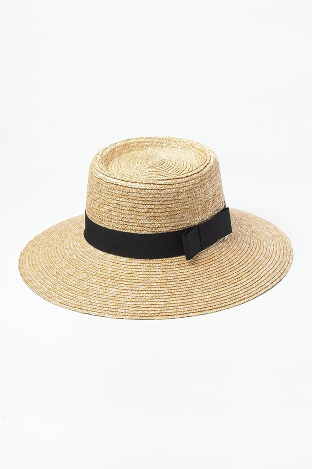 Black Bow Trimmed Wheat Straw Flat Boater sold by Floralkini product image thumbnail 2