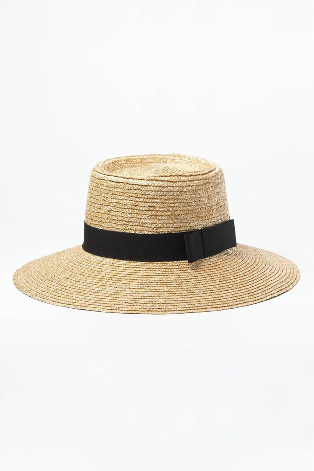 Black Bow Trimmed Wheat Straw Flat Boater sold by Floralkini