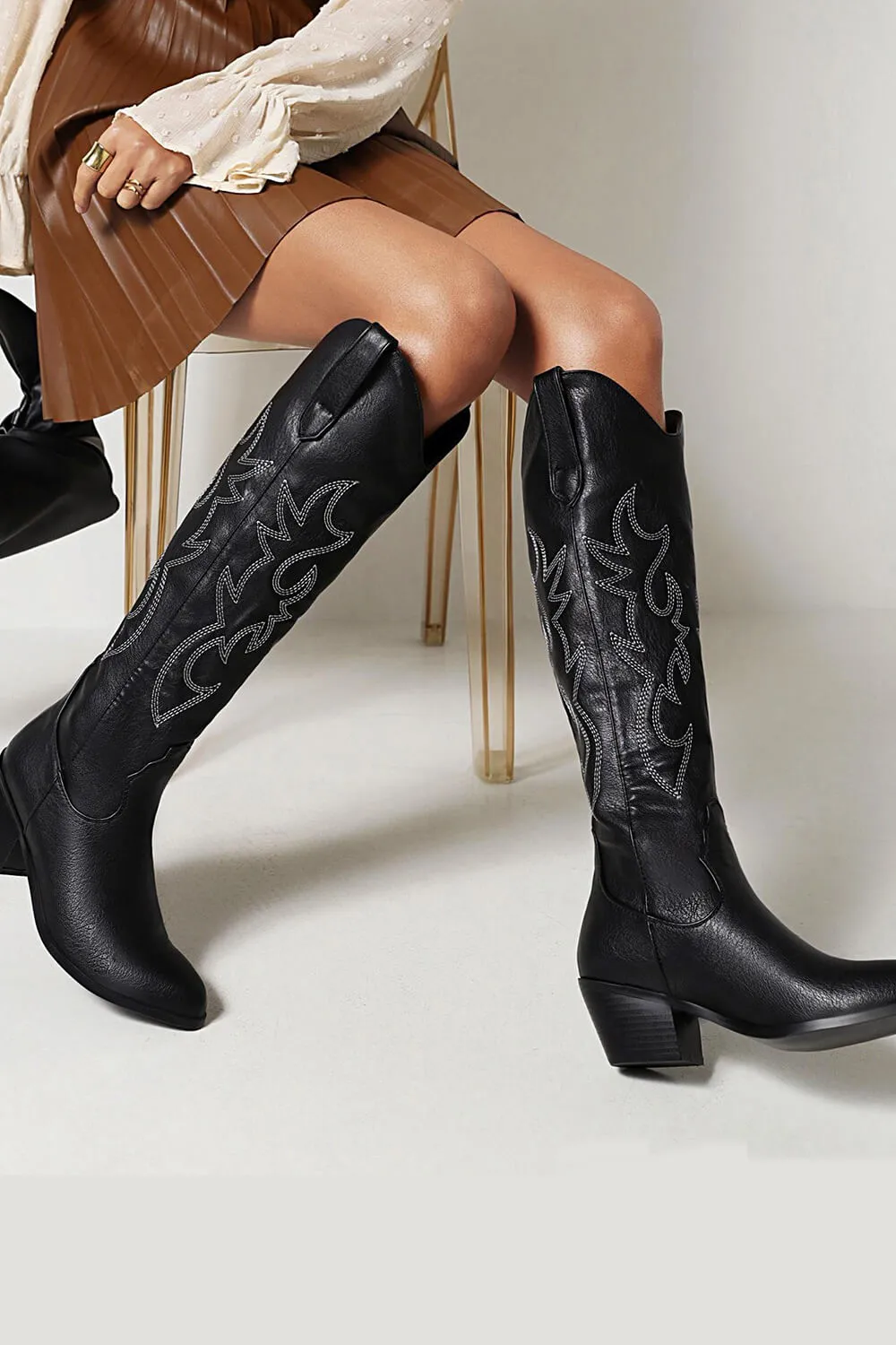 Leather Western Cowboy Almond Toe Knee High Block Heeled Boots - Black sold by Floralkini product image thumbnail 4