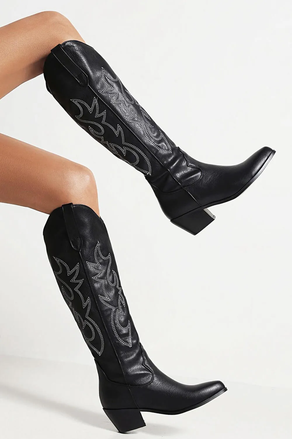 Leather Western Cowboy Almond Toe Knee High Block Heeled Boots - Black sold by Floralkini