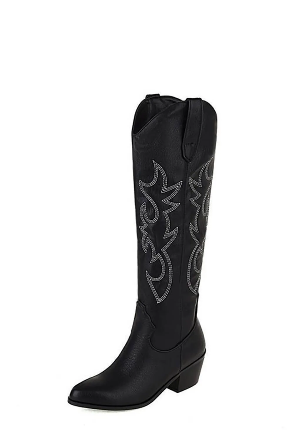 Leather Western Cowboy Almond Toe Knee High Block Heeled Boots - Black sold by Floralkini product image thumbnail 3