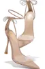 Diamante Bow Embellished Faux Leather Clear Perspex Strap Open Pointed Toe Ankle Heeled Sandals - Nude sold by Floralkini