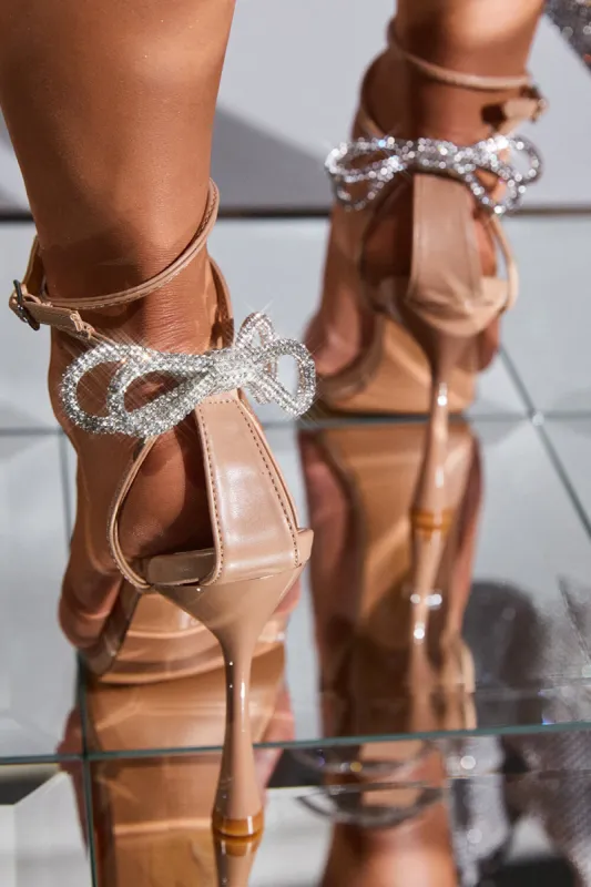 Diamante Bow Embellished Faux Leather Clear Perspex Strap Open Pointed Toe Ankle Heeled Sandals - Nude sold by Floralkini