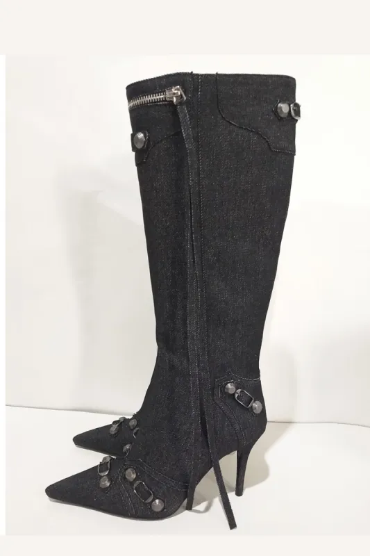 Denim Knee High Pointed Toe Stiletto Boots With Studs And Pin Buckle Strap Details - Black sold by Floralkini