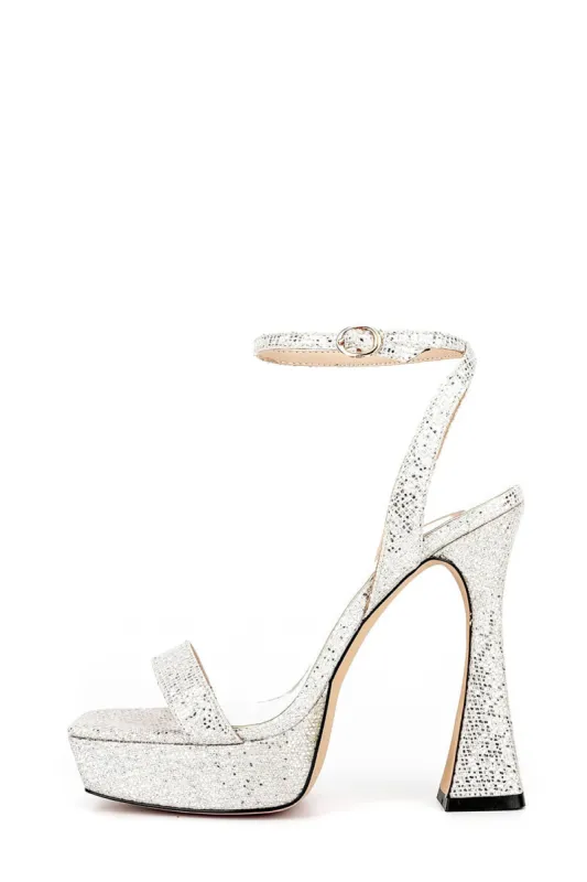 Sequinned Wide Fit Platform Barely There Heeled Sandals - Silver sold by Floralkini