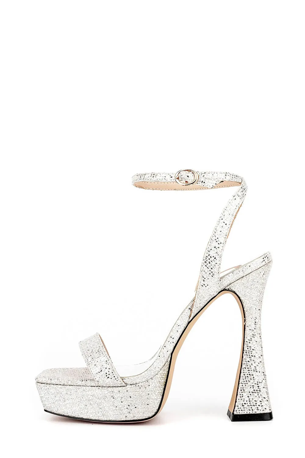 Sequinned Wide Fit Platform Barely There Heeled Sandals - Silver sold by Floralkini