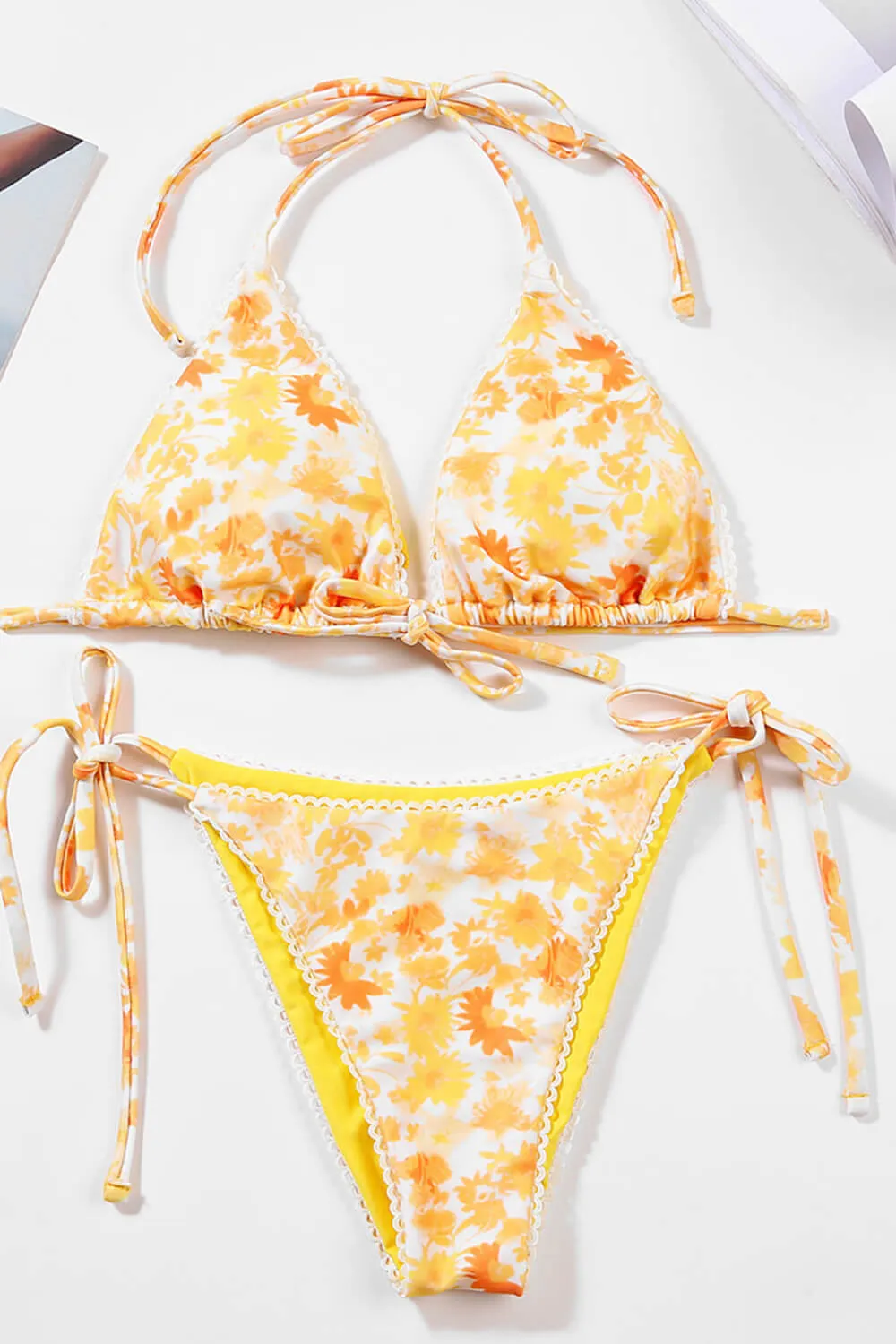 Floral Print Picot Trim Triangle Halter Tie Side Bikini Set - Yellow sold by Floralkini product image thumbnail 4
