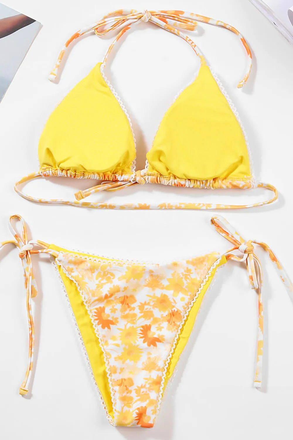 Floral Print Picot Trim Triangle Halter Tie Side Bikini Set - Yellow sold by Floralkini product image thumbnail 5