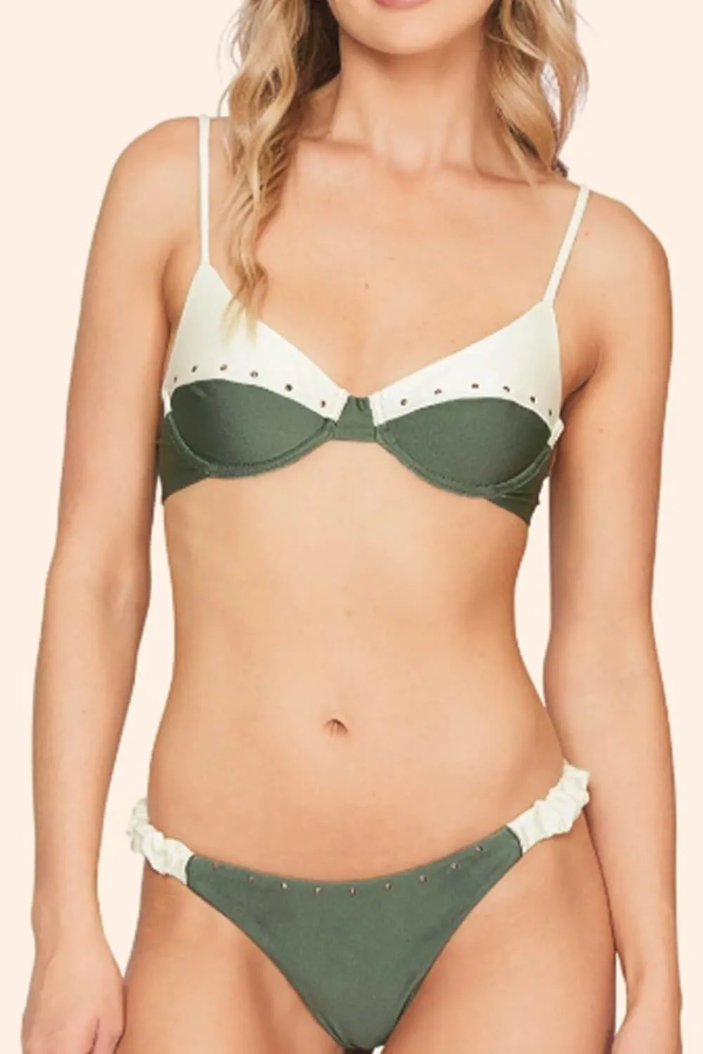 Green White Color Block Underwire Ruched High-Cut Bikini Set sold by Floralkini product image thumbnail 3
