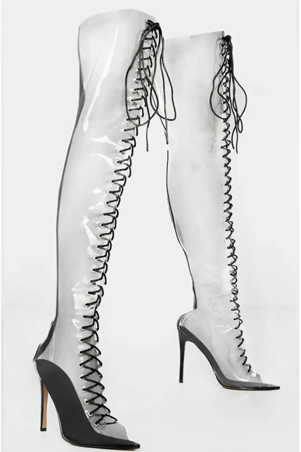 Clear Perspex Lace Up Open Pointed Toe Thigh High Stiletto Boots - Black sold by Floralkini product image thumbnail 3