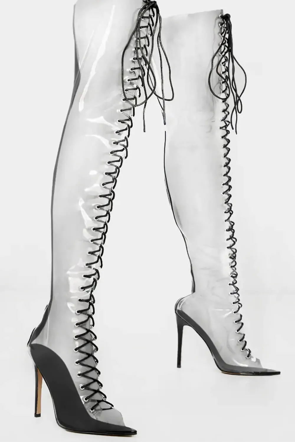 Clear Perspex Lace Up Open Pointed Toe Thigh High Stiletto Boots - Black sold by Floralkini product image thumbnail 4
