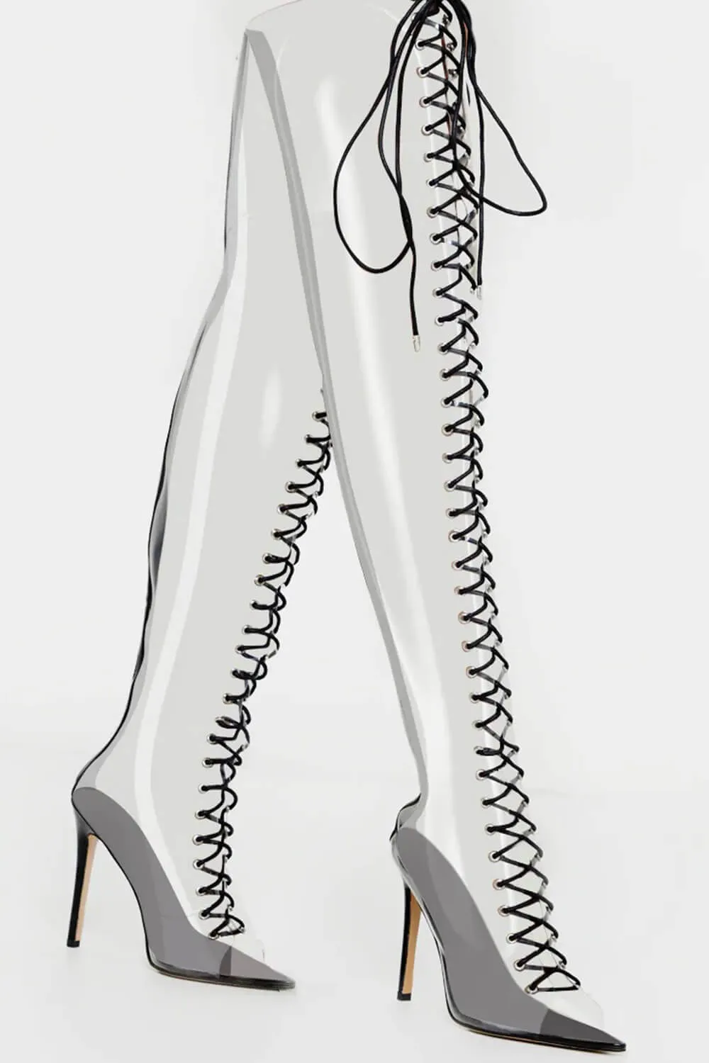 Clear Perspex Lace Up Open Pointed Toe Thigh High Stiletto Boots - Black sold by Floralkini product image thumbnail 2