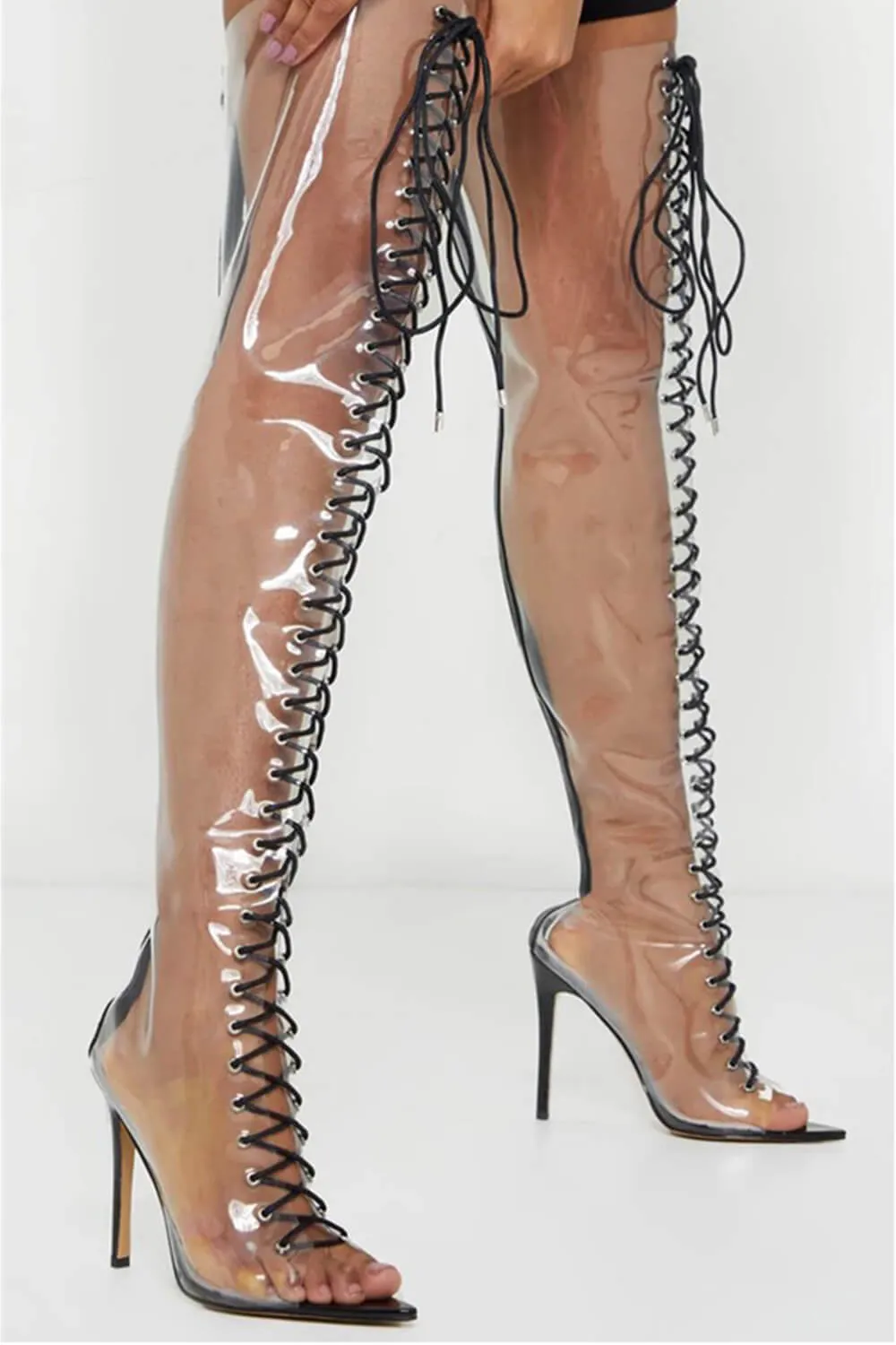 Clear Perspex Lace Up Open Pointed Toe Thigh High Stiletto Boots - Black sold by Floralkini