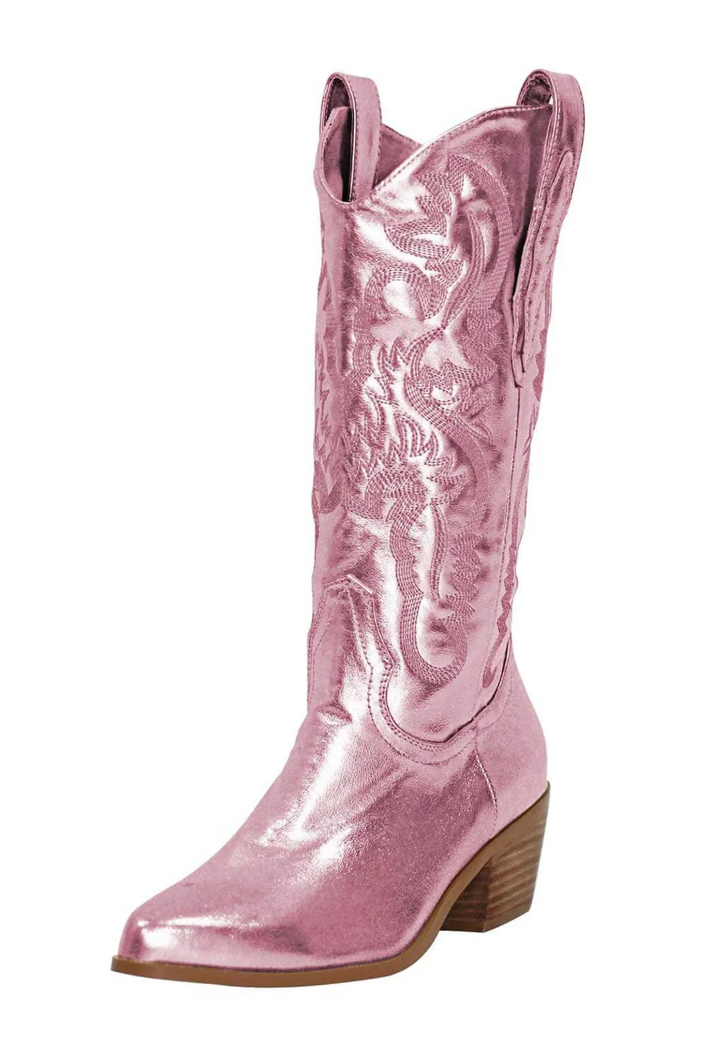 Pink Metallic Mid-Calf Western Cowboy Pointed Toe Block Heeled Boot sold by Floralkini product image thumbnail 4