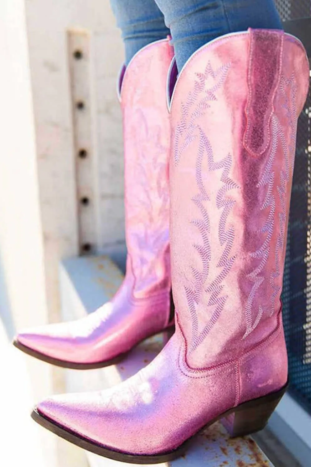 Pink Metallic Mid-Calf Western Cowboy Pointed Toe Block Heeled Boot sold by Floralkini