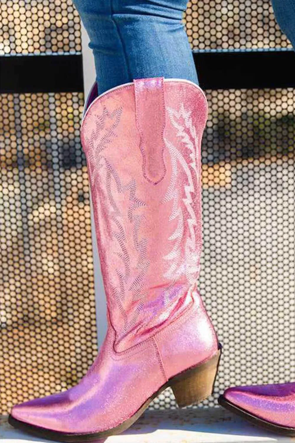 Pink Metallic Mid-Calf Western Cowboy Pointed Toe Block Heeled Boot sold by Floralkini product image thumbnail 2