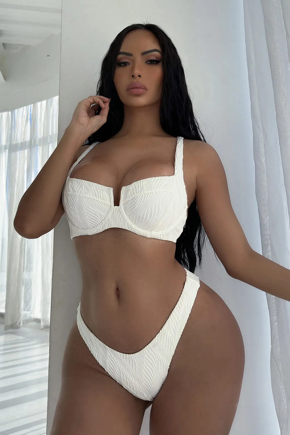 White Wave Ribbed Balconette Underwire Bikini Set sold by Floralkini