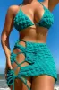 Terry Towel Ring Halter Triangle High-Cut Bikini Set With Lace Up Sarong Mini Skirt sold by Floralkini
