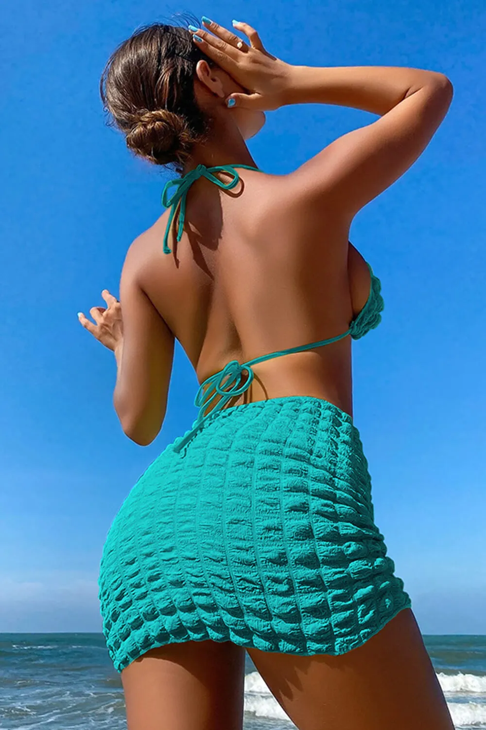 Terry Towel Ring Halter Triangle High-Cut Bikini Set With Lace Up Sarong Mini Skirt sold by Floralkini product image thumbnail 5