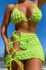 Terry Towel Ring Halter Triangle High-Cut Bikini Set With Lace Up Sarong Mini Skirt sold by Floralkini