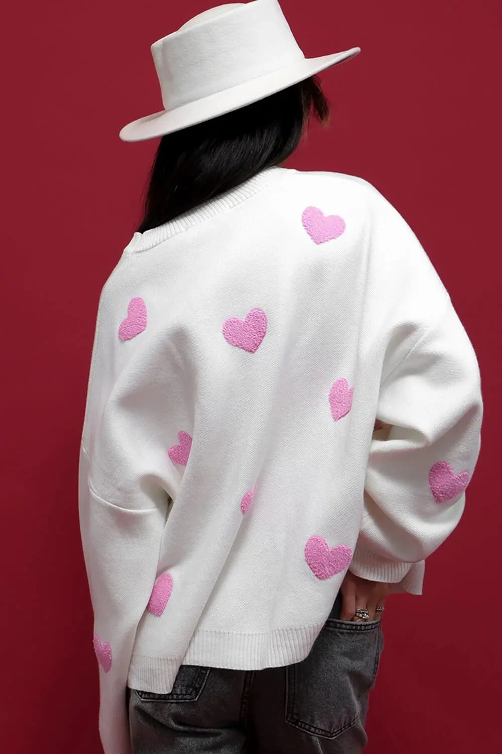 Heart Pattern Crew Neck Knit Jumper - White & Pink sold by Floralkini product image thumbnail 2