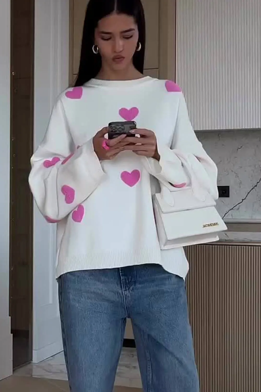 Heart Pattern Crew Neck Knit Jumper - White & Pink sold by Floralkini product image thumbnail 4