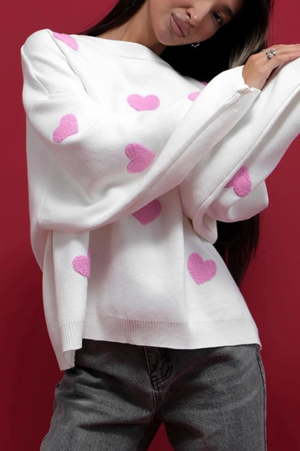 Heart Pattern Crew Neck Knit Jumper - White & Pink sold by Floralkini