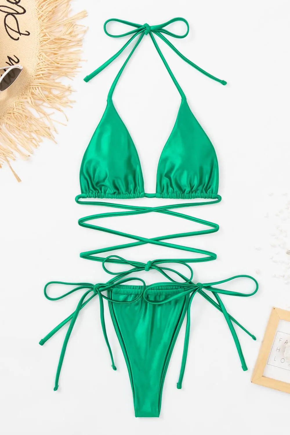 Triangle Halter Strappy Wrap Around Tie Side Bikini Set - Green sold by Floralkini product image thumbnail 4