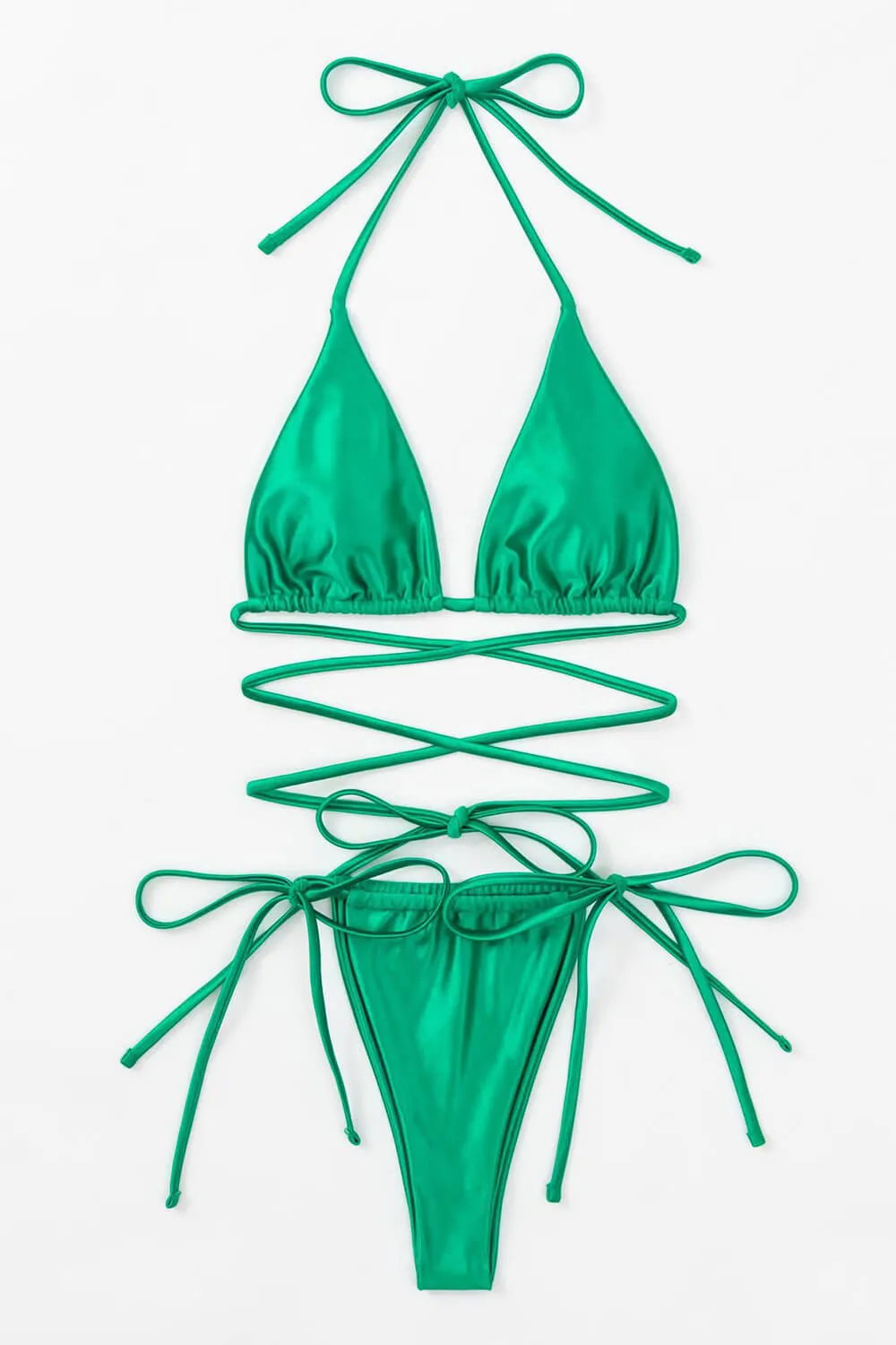 Triangle Halter Strappy Wrap Around Tie Side Bikini Set - Green sold by Floralkini product image thumbnail 5