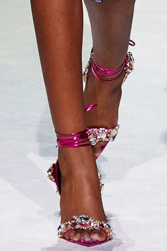 Metallic Crystal-Embellished Poiny Jewel Lace Up Stiletto Heeled Sandals - Red sold by Floralkini