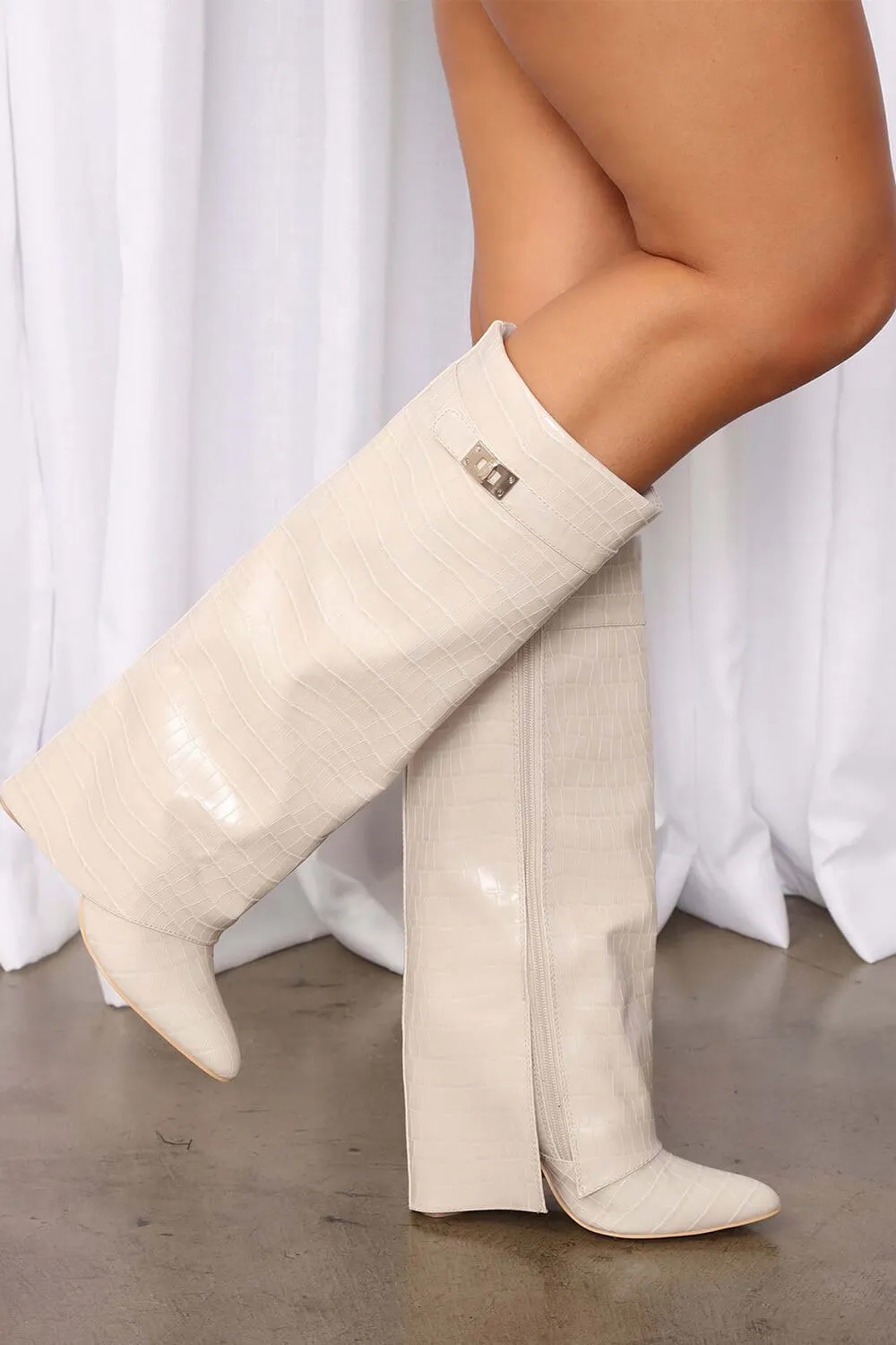 Croc-Effect Hardware Detail Folded Block Heel Knee High Long Boots - White sold by Floralkini product image thumbnail 5