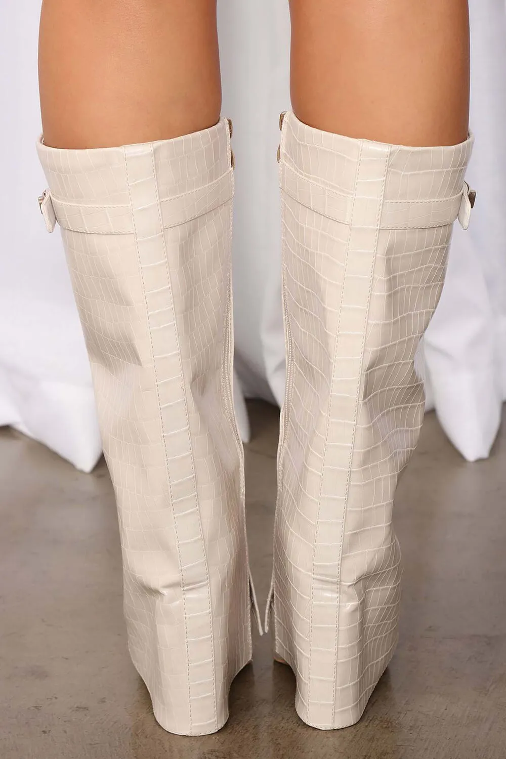 Croc-Effect Hardware Detail Folded Block Heel Knee High Long Boots - White sold by Floralkini product image thumbnail 3