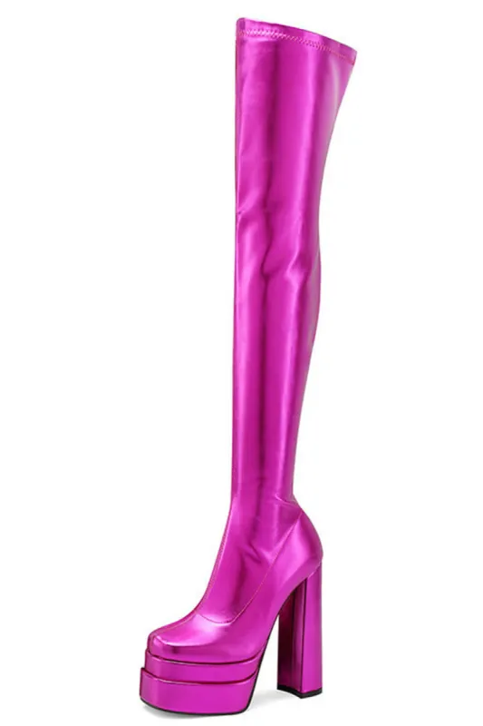 Metallic Faux Leather Double Platform Block Heel Thigh High Boots - Hot Pink sold by Floralkini