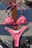 Hot Pink Floral Terry Towel Tie Front Triangle Halter Bikini Top sold by Floralkini