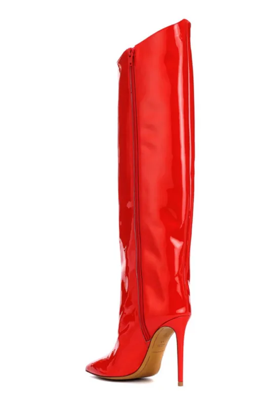 Metallic Finish Knee-High Pointed Toe Stiletto Boots - Red sold by Floralkini
