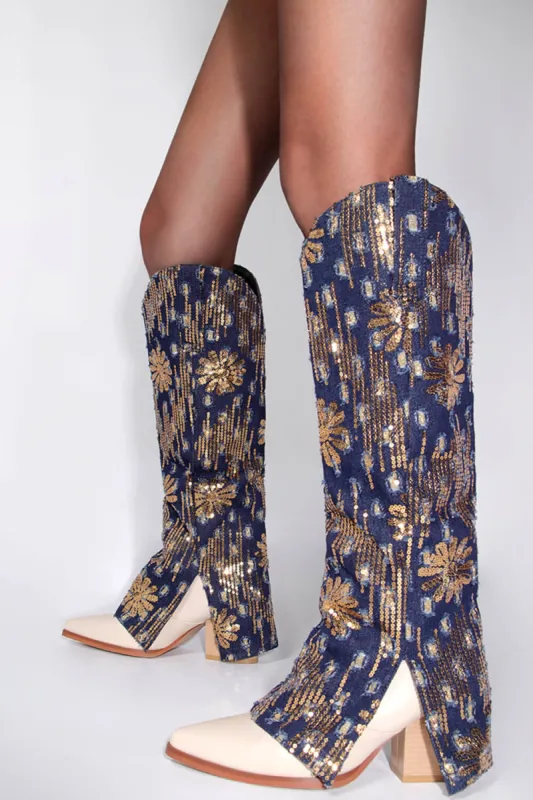 Denim Fold Over Pointed Toe Block Heel Knee High Boots With Sequins - Dark Blue sold by Floralkini