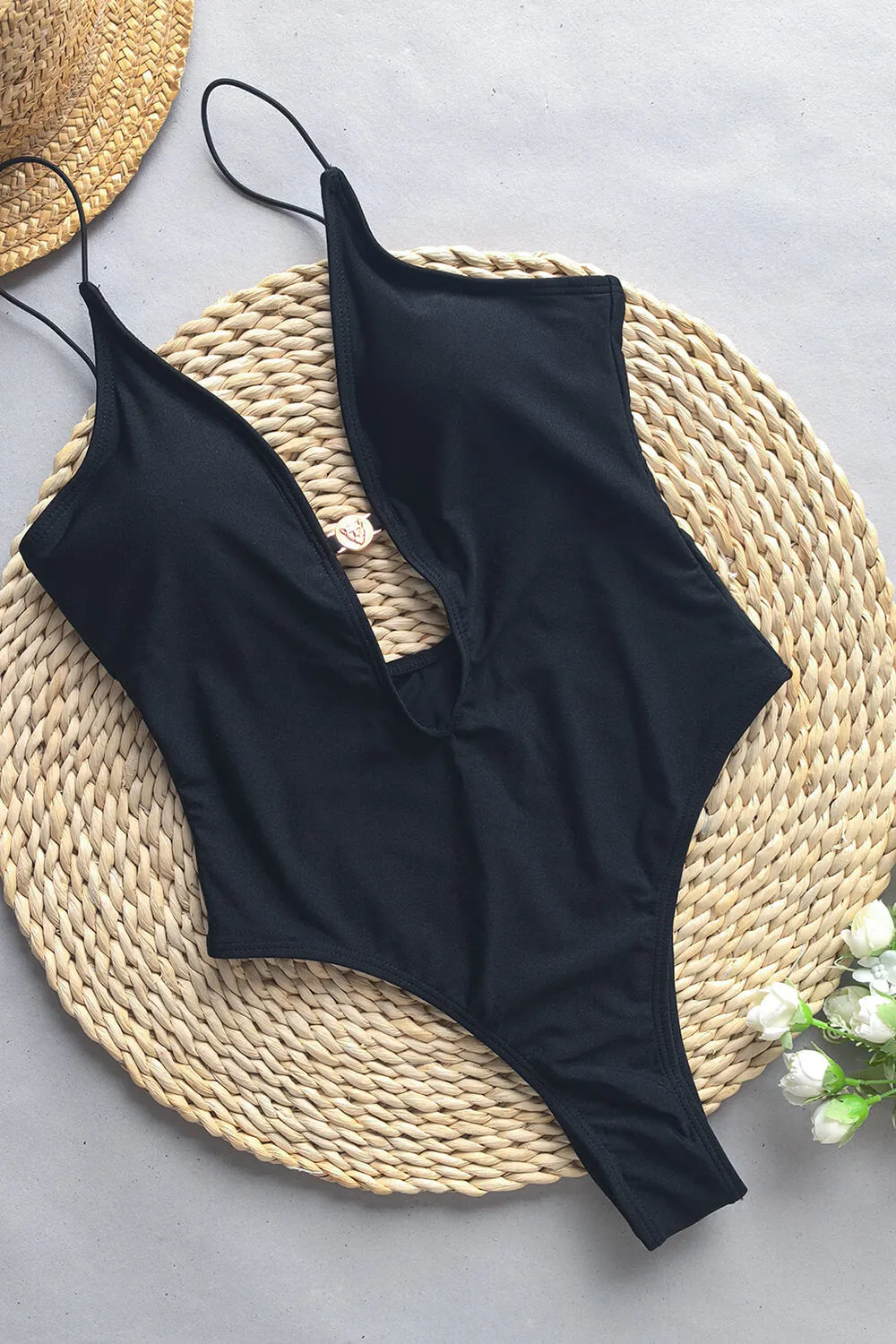 V Neck Cut Out One Piece Swimsuit With Golden Ring Details - Black sold by Floralkini product image thumbnail 4