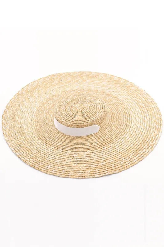 Wheat Straw Extra-Wide Brim Boater With White Chin Tie sold by Floralkini