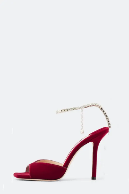 Red Velvet Crystal-Embellished Open Square Toe Stiletto Heeled Courts sold by Floralkini
