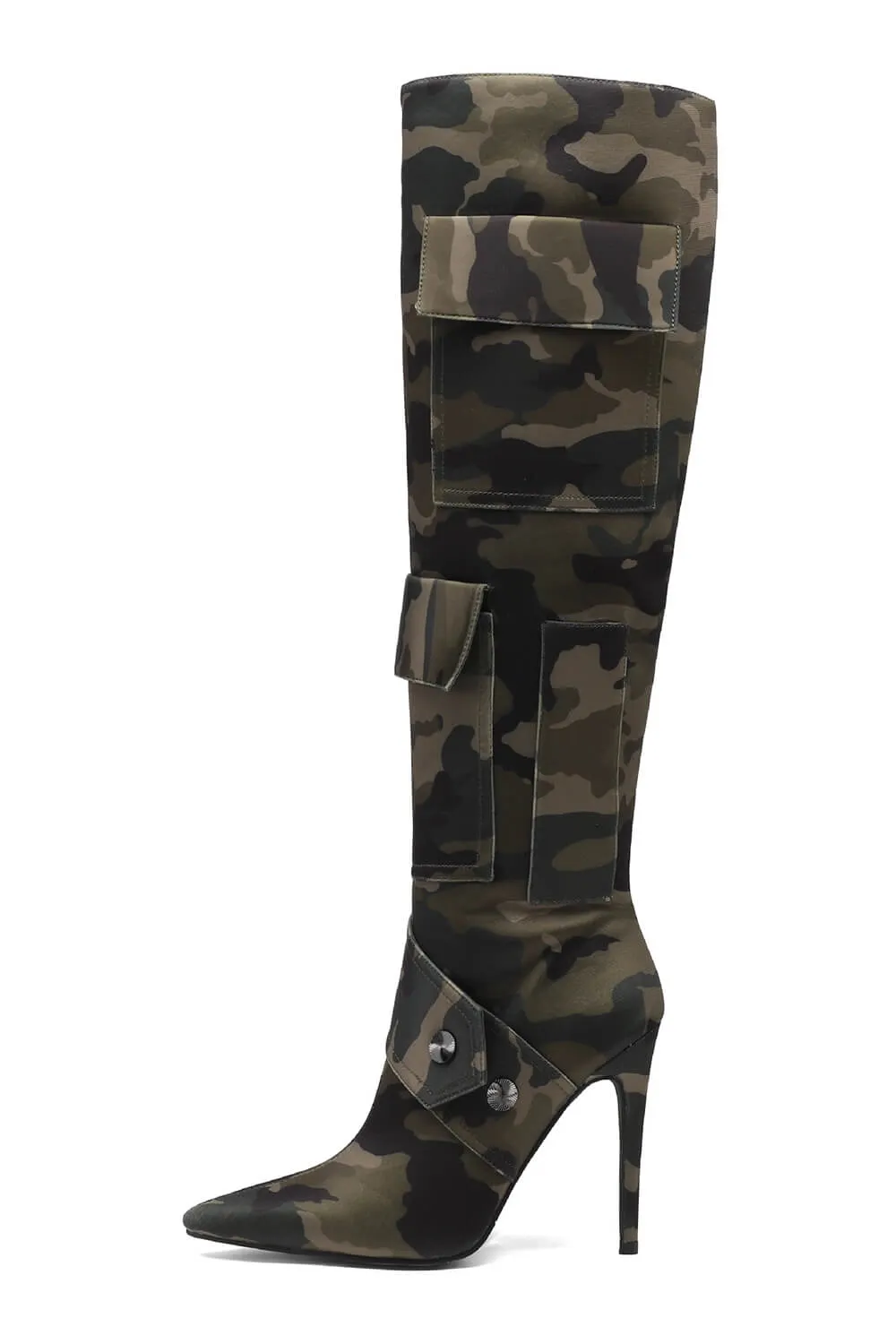 Multi Pocket Detail Pointed Toe Stiletto Heel Knee High Long Boot - Camo Print sold by Floralkini product image thumbnail 4