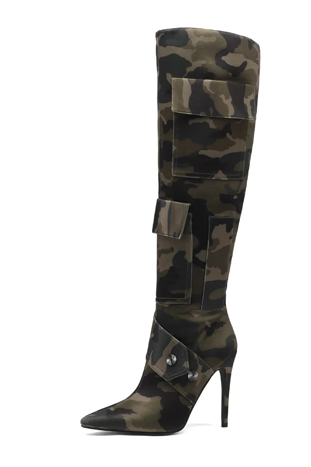 Multi Pocket Detail Pointed Toe Stiletto Heel Knee High Long Boot - Camo Print sold by Floralkini product image thumbnail 5