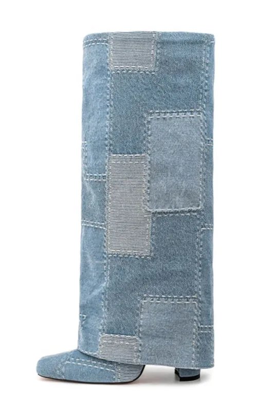 Denim Patchwork Fold Over Square Toe Block Heeled Boots - Light Blue sold by Floralkini