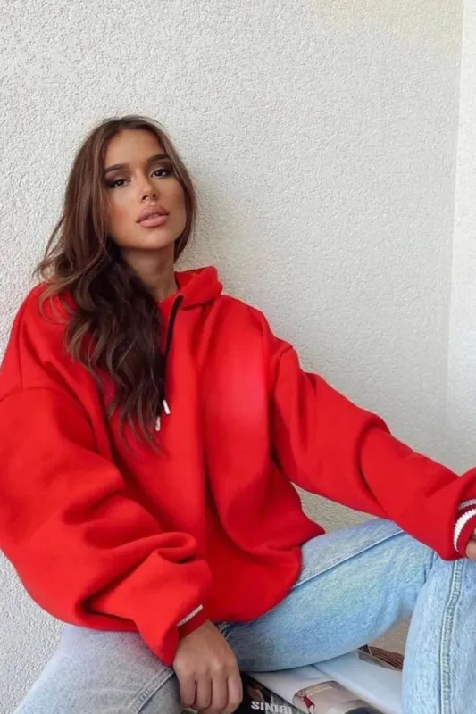 Usa Oversized Pullover Drawstring Hoodie With Striped Cuffs sold by Floralkini