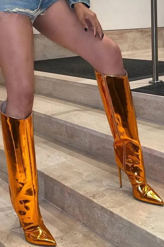 Metallic Finish Knee-High Pointed Toe Stiletto Boots - Orange sold by Floralkini