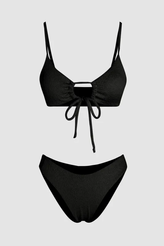 Textured Adjustable Tie Front Bikini Set - Black sold by Floralkini