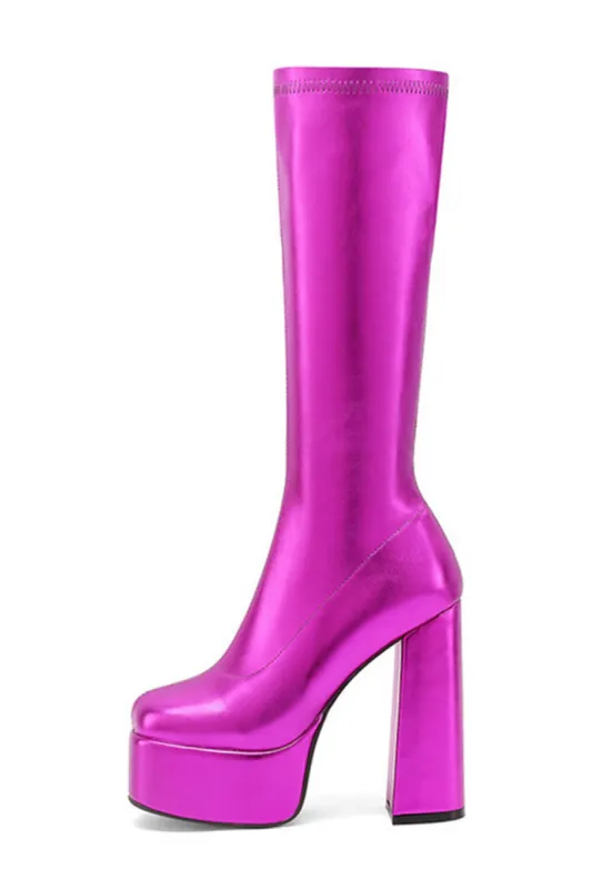 Metallic Faux Leather Platform Block Heel Knee High Boots - Hot Pink sold by Floralkini