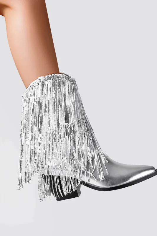 Silver Metallic Patent Sequined Fringe Western Ankle Bootie sold by Floralkini